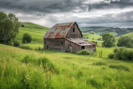 rustic barn surrounded by meadows and rolling hills, created with generative aiの素材