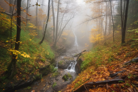 autumn forest hike with view of cascading waterfall and misty stream, created with generative aiの素材