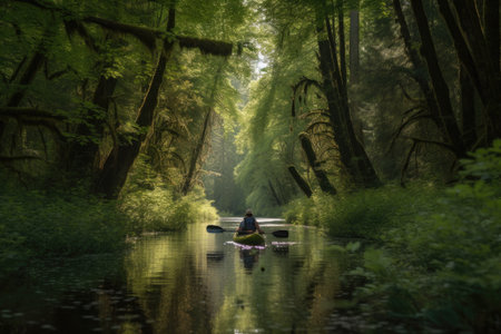 kayaker paddling through a serene forest, with tall trees towering overhead, created with generative aiの素材