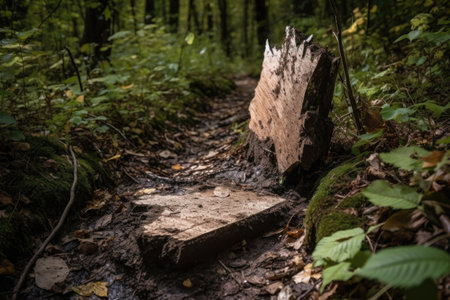 broken trail marker with missing piece, leading the way, created with generative aiの素材