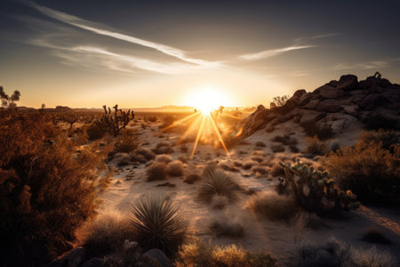desert sunrise, with the sun peeking over the horizon, illuminating the sky and landscape, created with generative aiの素材