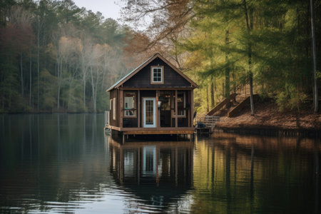 tiny house with wraparound porch and rocking chair on a serene lake, created with generative aiの素材