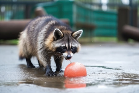 raccoon playing with ball in park playground, created with generative aiの素材