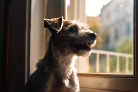 portrait of happy dog sitting in sunny window, with view of the outdoors, created with generative aiの素材