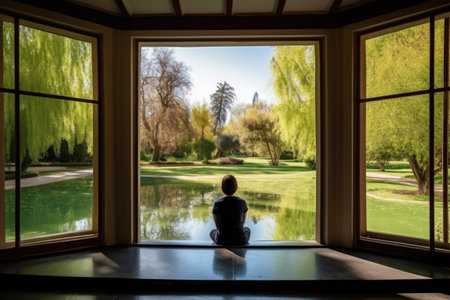 person, enjoying serene meditation on retreat, with view of tranquil garden, created with generative aiの素材