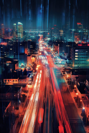 blurred motion of city lights at night, created with generative aiの素材