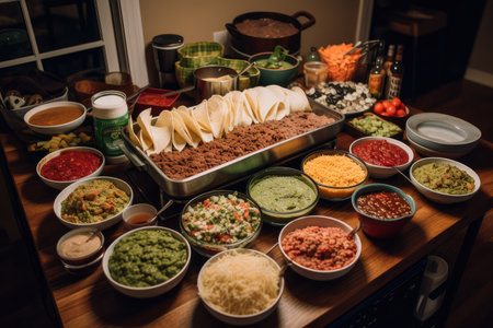 taco bar with all the fixings, from salsas and guacamole to cheese and veggies, created with generative aiの素材