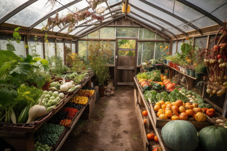 greenhouse filled with ripe fruits and vegetables from the garden, created with generative aiの素材