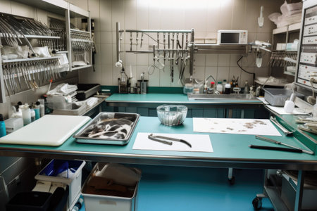veterinary , with instruments and equipment laid out on surgical table, created with generative aiの素材