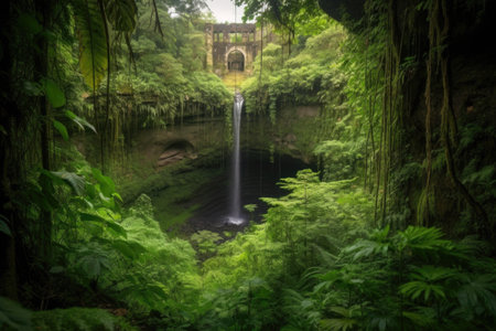majestic waterfall surrounded by lush greenery, with a view of the distant horizon, created with generative aiの素材