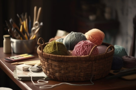textile crafts workshop, with basket of yarns and knitting needles on the table, created with generative aiの素材