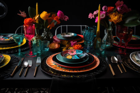 elegant dining room with elaborate table setting and fine china, created with generative aiの素材