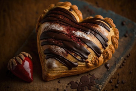 heart-shaped croissant filled with chocolate and red cherry, or almond paste and filling, created with generative aiの素材