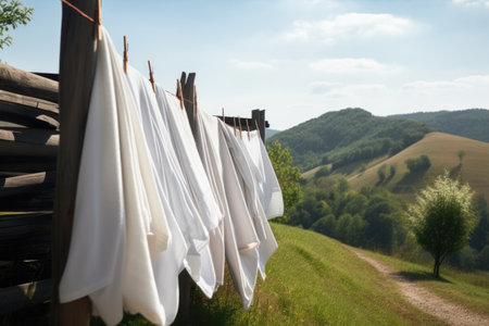 freshly washed linen hanging to dry in the sun, with rolling green hills in the background, created with generative aiの素材