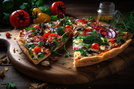 slice of pizza, with variety of vegetables and herbs for healthy alternative, created with generative aiの素材