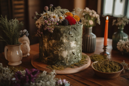 rustic wedding cake with dried herbs and wildflowers, created with generative aiの素材