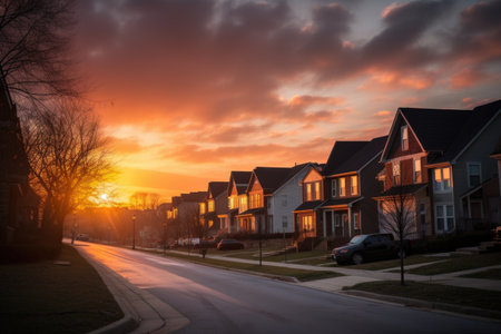 residential neighborhood at dusk, with the sun setting behind the homes, created with generative aiの素材