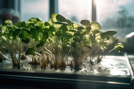 close-up of a hydroponic system, with delicate sprouts growing in the water, created with generative aiの素材