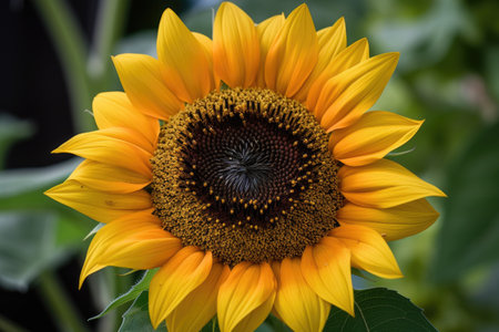 close-up of sunflower head, with its yellow petals and black center in full view, created with generative aiの素材