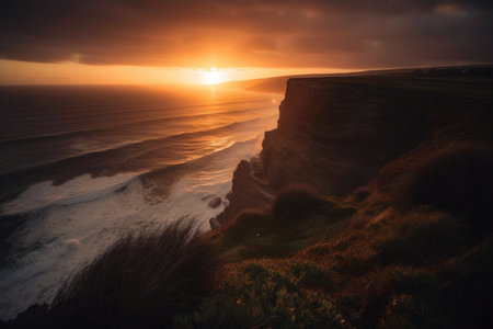dramatic sunset over coastal cliffs, with the sun disappearing into the horizon, created with generative aiの素材