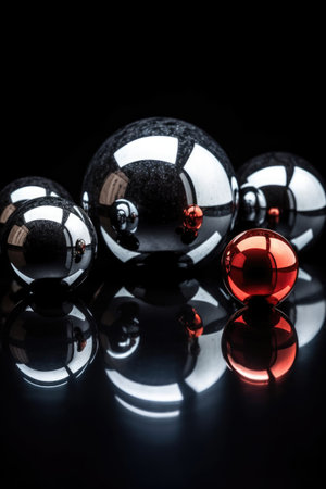 reflective glass spheres on a black surface, created with generative aiの素材