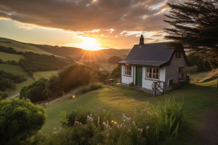 cottage nestled among rolling hills, with a view of the setting sun, created with generative aiの素材