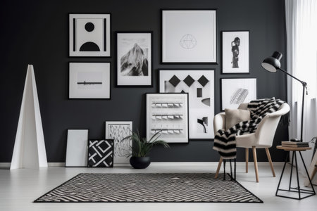 painted wall with black and white motif, frame wall art in minimalist style, created with generative aiの素材