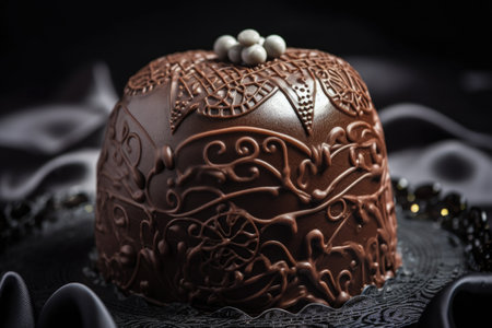 chocolate fondant cake with the most delicate and intricate icing decoration, created with generative aiの素材