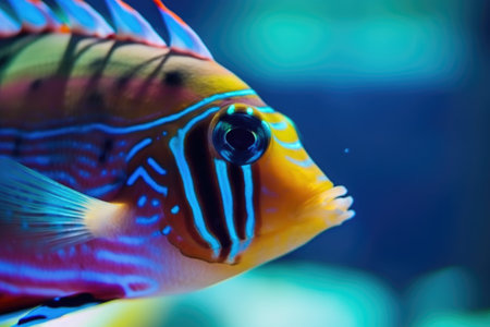 close-up of colorful tropical fish, with the blurred background, created with generative aiの素材
