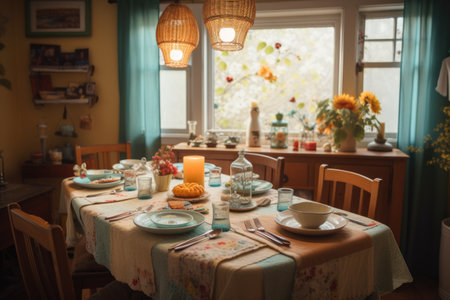 cozy dining room with whimsical table settings, featuring matching plates and napkins, created with generative aiの素材