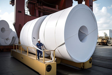 white paper rolls being loaded onto cargo ship for export, created with generative aiの素材