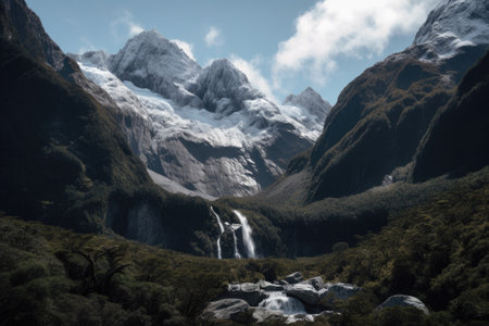 a view of the snow-capped mountains, with a waterfall cascading down its flank, created with generative aiの素材