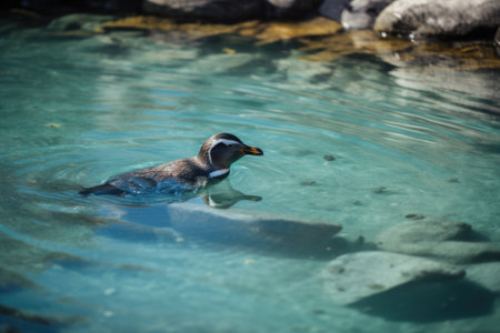 penguin swimming in clear and peaceful lake, created with generative aiの素材