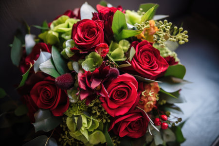 a bouquet of red roses with a vibrant mix of greenery, created with generative aiの素材
