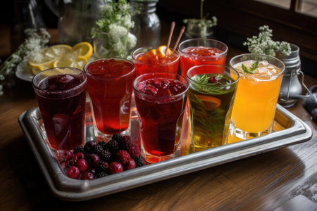 plate of assorted iced teas, including fruity and herbal varieties, created with generative aiの素材