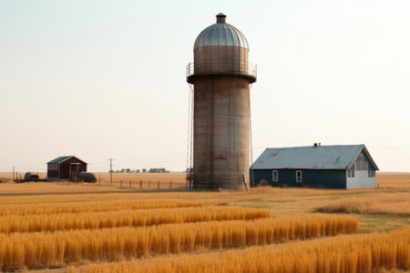 old-fashioned water tower in the middle of a field, surrounded by hay bales, created with generative aiの素材