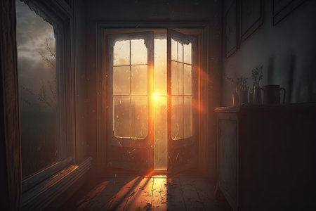 a sunrise, with the first rays of light shining through a window, created with generative aiの素材