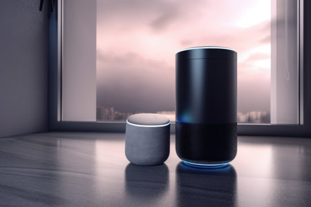 virtual assistant, using smart speaker to play music or provide weather report, created with generative aiの素材