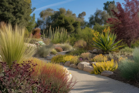 drought-tolerant and native plant garden with stunning variety of textures, shapes and colors, created with generative aiの素材