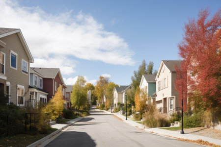 midday scene with quiet residential neighborhood and clear blue sky, created with generative aiの素材