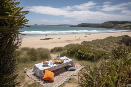 picnic setting with view of the beach, sand and waves in the background, created with generative aiの素材
