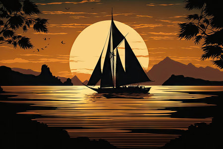 sailboat, with silhouette against the setting sun, on a tranquil lake, created with generative aiの素材