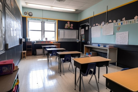 empty classroom with chalkboard and blackboard for students to practice their writing skills, created with generative aiの素材