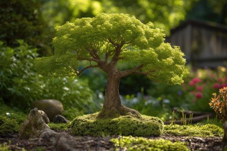 sprouting tree in a peaceful garden setting, created with generative aiの素材