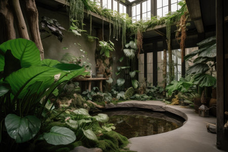 naturalistic indoor garden with large leafy plants and water features, created with generative aiの素材
