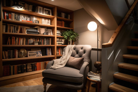 cozy reading nook with armchair, bookshelf, and good lighting, created with generative aiの素材