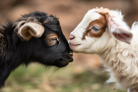close-up of tiny goats head butting playfully against another goat, created with generative aiの素材