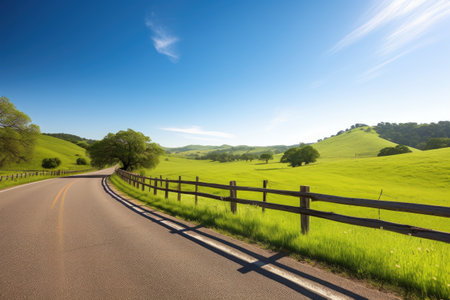 scenic highway, with view of rolling hills and pastures, on warm summer day, created with generative aiの素材