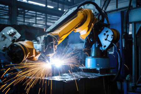 robot arm performing intricate welding task in factory, created with generative aiの素材