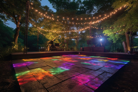 high-energy outdoor dance floor with lights and music, surrounded by trees and greenery, created with generative aiの素材